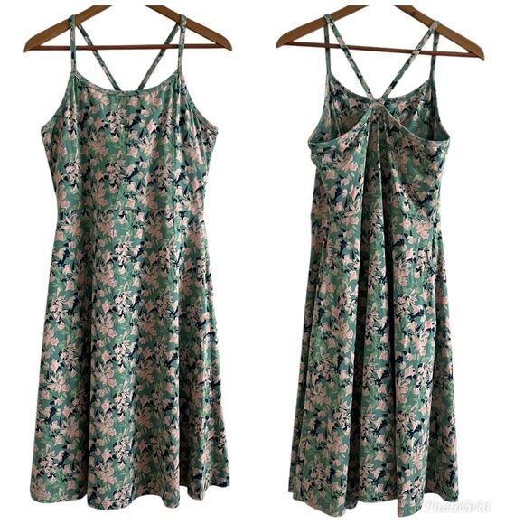 Pact Organic Cotton Floral Midi Dress L Green Pink Strappy Boho Cottagecore Eco - Picture 2 of 14